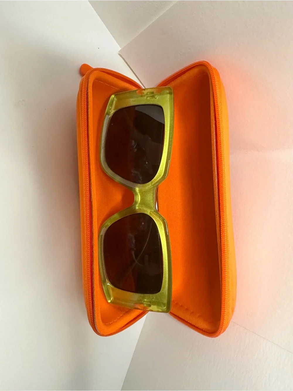 Max Studio Green Transparent Frame Sunglasses with Brown Lenses and Orange Case